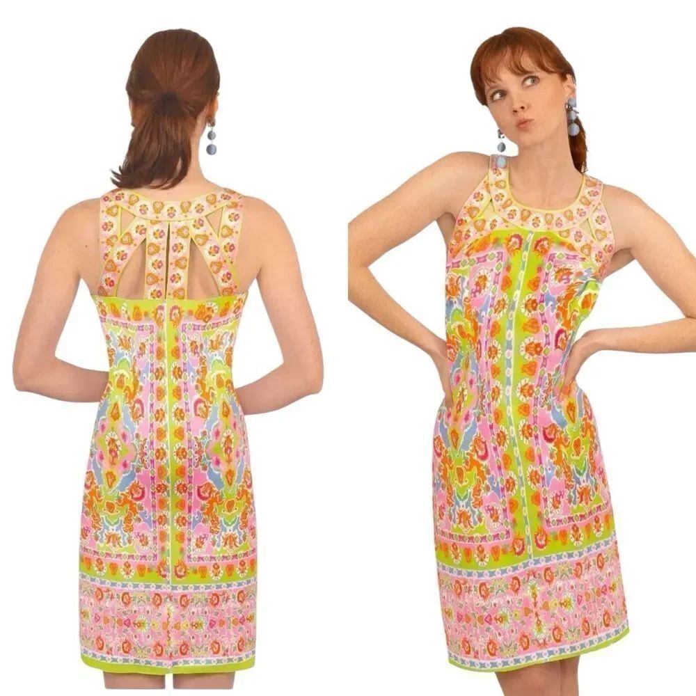 Gretchen Scott Isosceles Sheath Dress Pink Green Floral Sleeveless Resort XXL